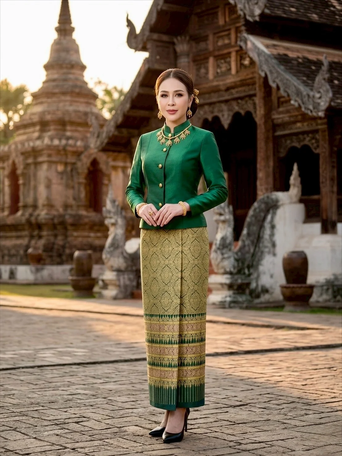 ชุดไทยผ้าไหมสีเขียว ณ วัดล้านนา — Lada Silk